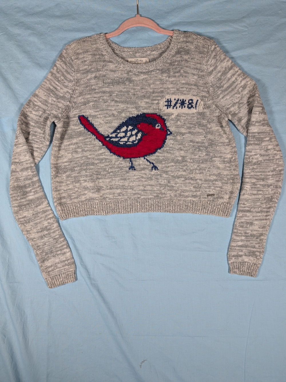 Abercrombie & Fitch Gray Crewneck Sweater with Red and Navy Bird